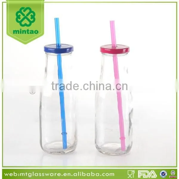 Super Market Selling Packed Glass Milk Bottle Set with Straw and lid