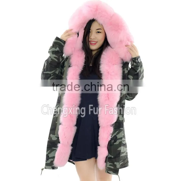 CX-G-P-03B Fashionable Women Winter Real Rex Rabbit Fur Lined 2016 New Latest Ladies Fox Fur Hooded Wholesale Parka Jacket