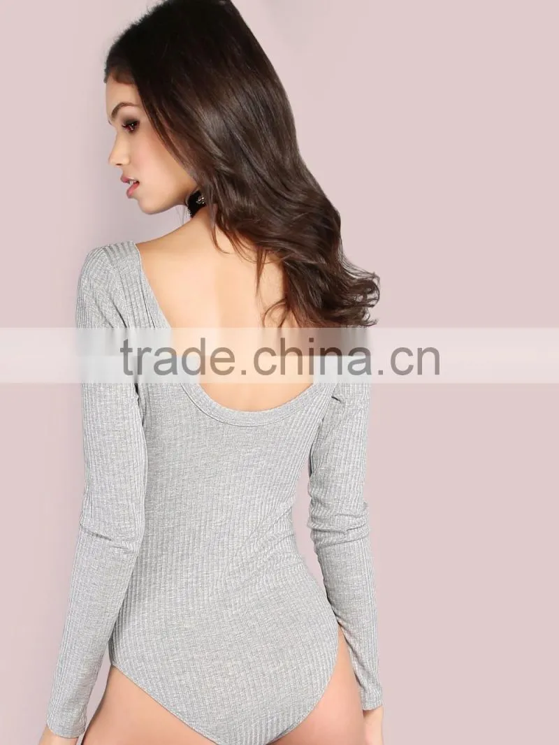 Gray Sleeved Rib Knit Bar Bust Bodysuit 95% Rayon 5% Spandex Sexy Scoop Neck with Criss Sweater