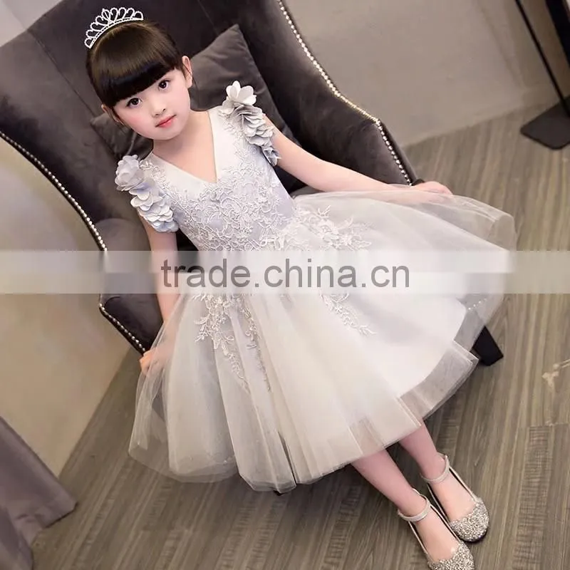 New baby frock design 2017 sleeveless Pink and Gray Embroidery flower V collar Vietnam party dresses Chiffion wedding dresses