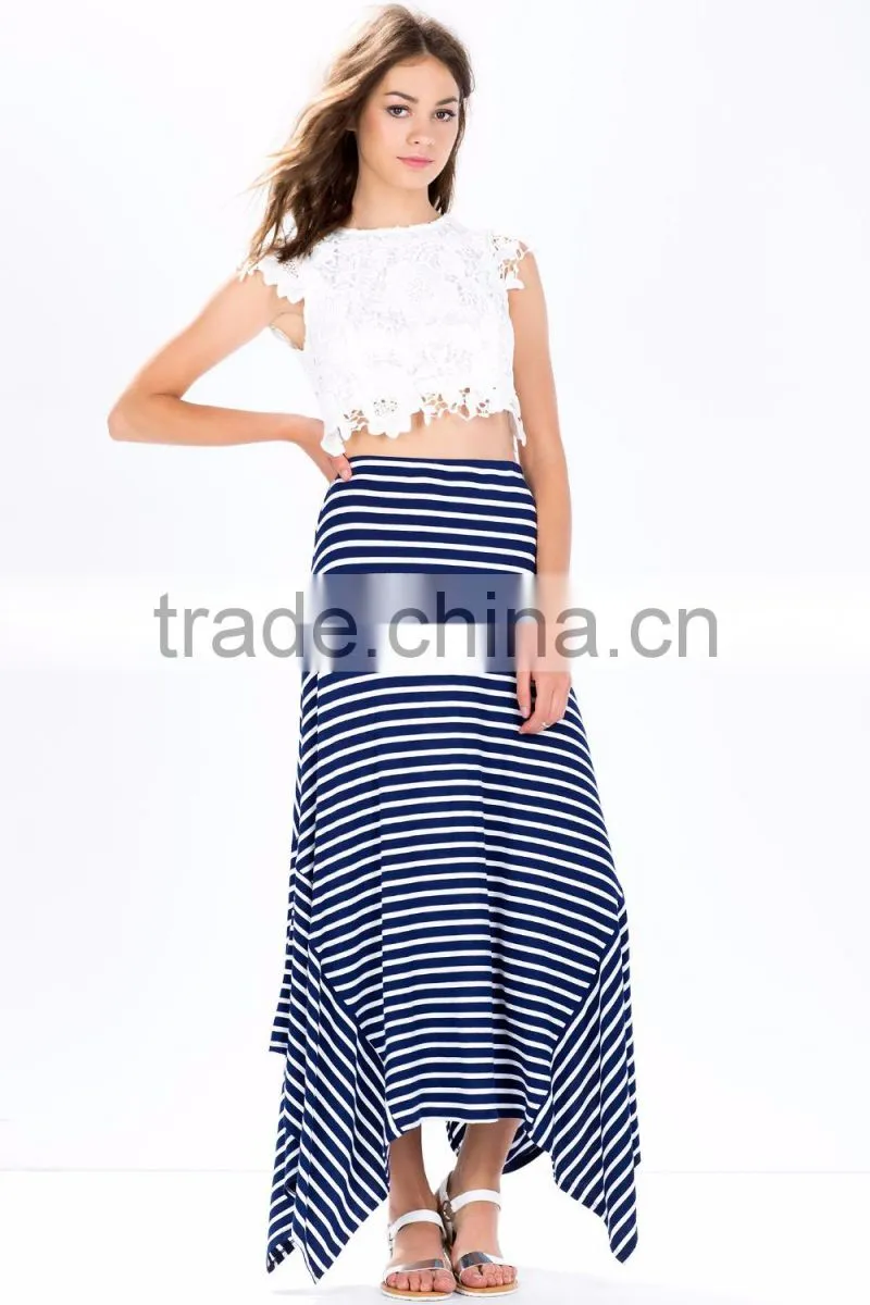2015 Wholesale fashion design women stripe long skirt asymmetrical high waist maxi long skirt for women