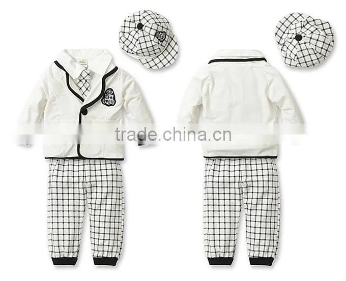 2016 Hot Sale Boy Clothing Prince Handsome Boy Suits White Coats Grey Cap And Strip Pants Children Wear Kids Clothes