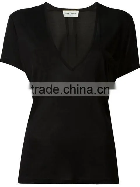 Custom Womens V Neck Blank Plain T Shirts,Pure Black Cotton V Neck T-Shirts For Women