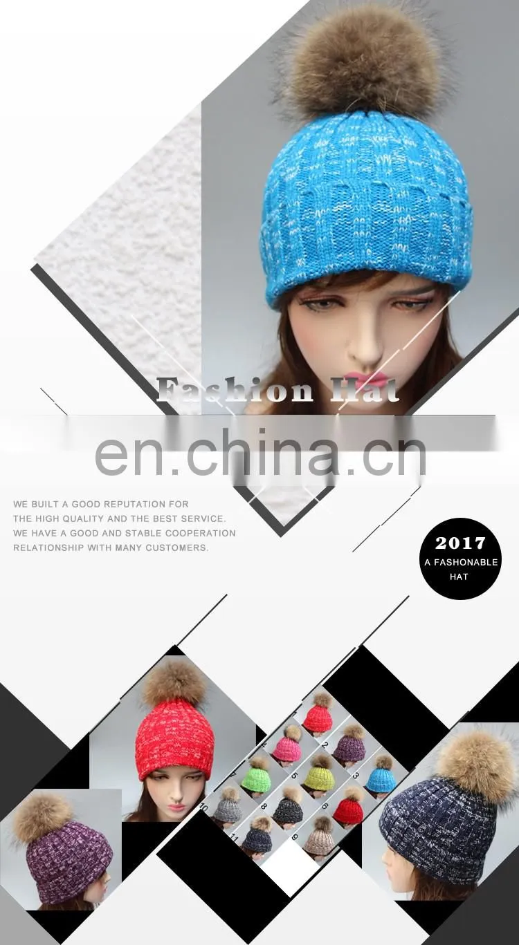 New product colorful knit hats wholesale fancy raccoon fur ball women floppy hat