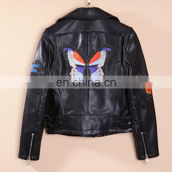 Hot Selling OEM Fashion Latest Womens Jackets Short Sheep Skin Moto Biker Leather Jacket