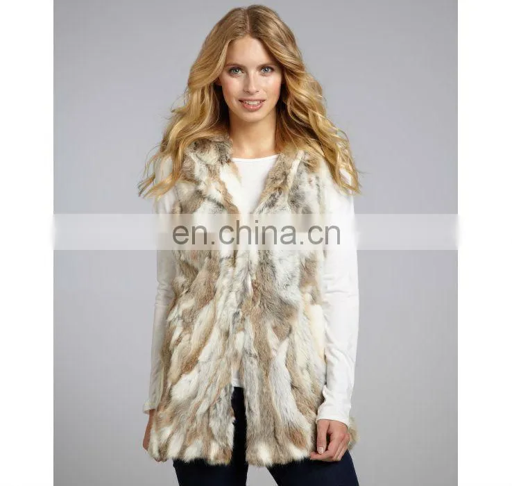 brown&white rabbit fur hooded vest/quality+OEM+ODM