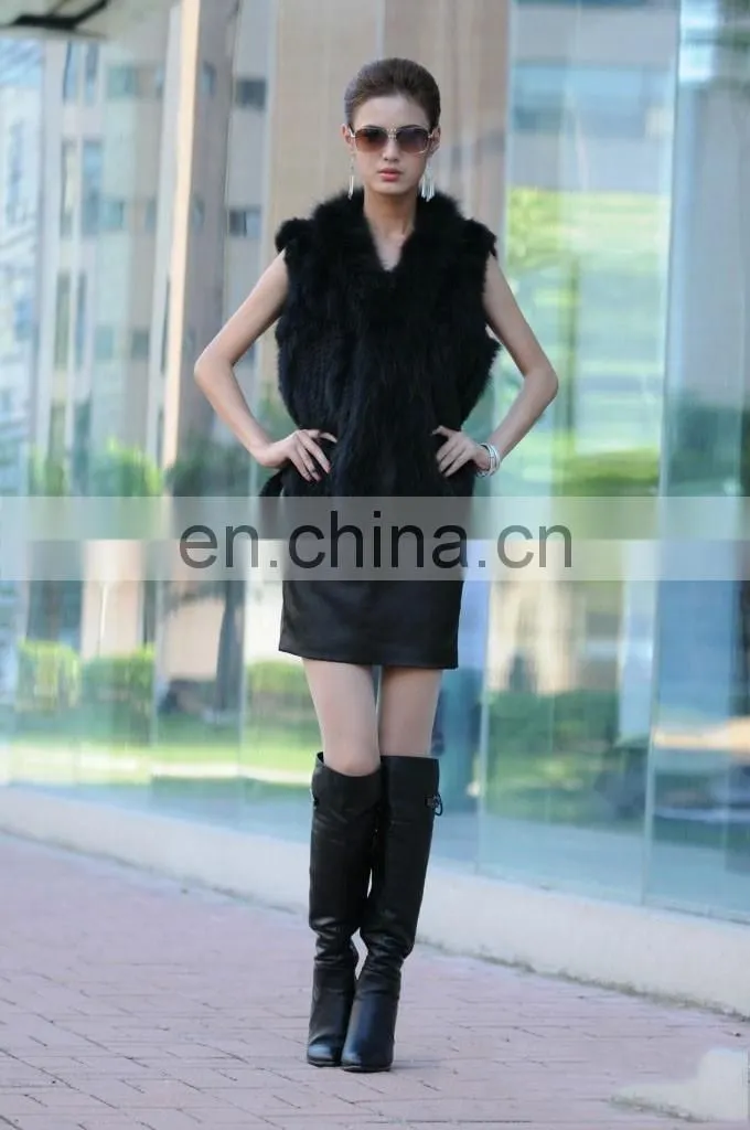European style knitted rabbit fur vest with raccoon fur trimming for women