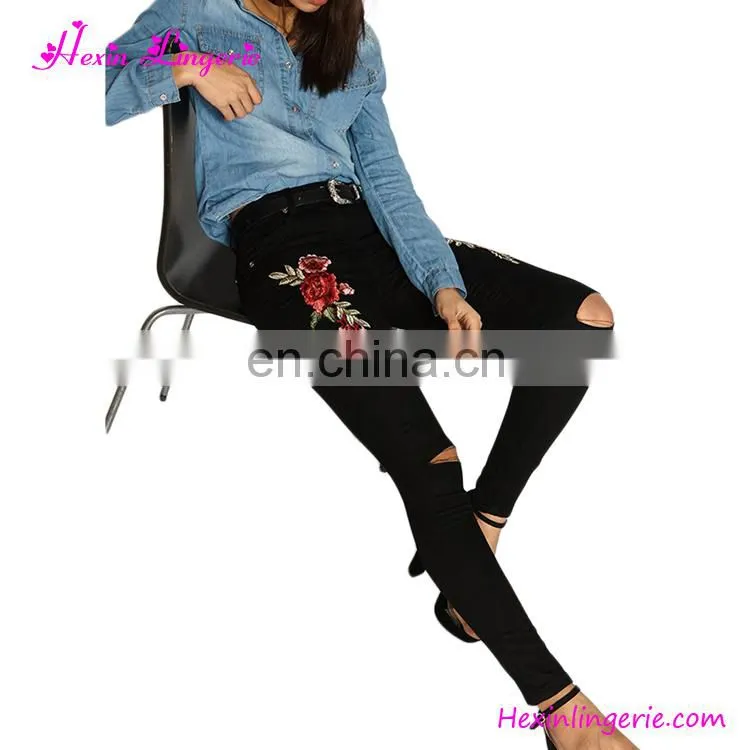 Latest Girls Light Blue High Waist Holes Embroidery Tight Jeans 2017