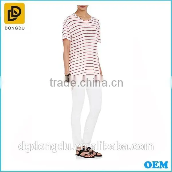 Wholesale 2016 Cheap Custom Pretty Quality Lady Striped Linen T-shirt