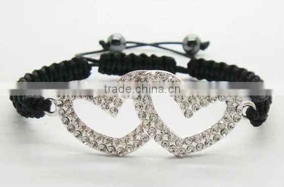 Woven shamballa bracelet black wire double heart shape alloy woven bracelet