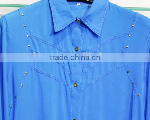 Lovely women's blue tops with a shirt collar and three-quarter sleeves