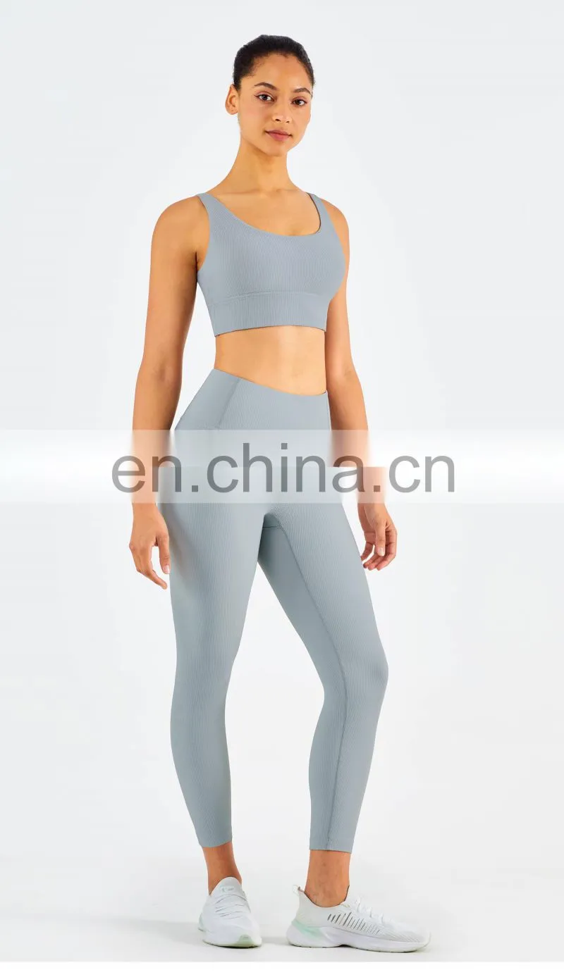 Custom Women Ribber Fabric Sport Set Girls Yoga Gymwear Wholesale Workout Set Fitness clothing