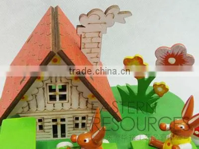 Wooden Easter Rabbit Train with House for Table Decoration
