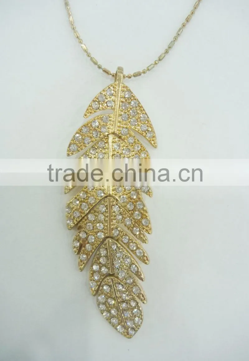 FASHION LEAF PENDANT LONG NECKLACE WITH CRYSTAL STONES