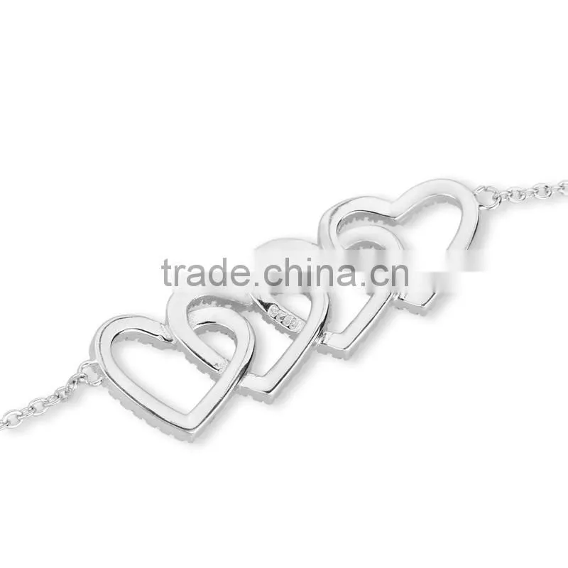 CYW New Products heart cordiform pure 925 sterling silver bracelet for young ladies