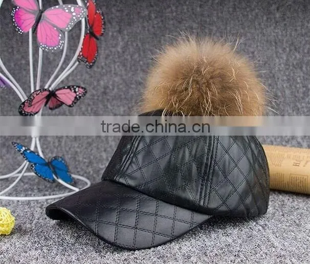 Fashion genuine raccoon fur pompom hat New PU leather baseball snapback cap Unisex woman man hat with real raccoon fur balls