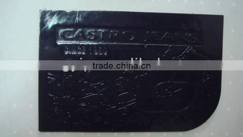 black denim jeans leather patch labels