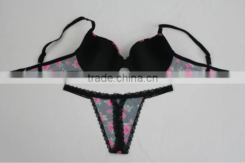 Latest Design Rose Print Sexy Fancy Bra Panty Set