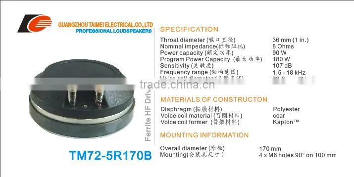 72.2mm polyester daiphragm Pa Systerm horn loudspeaker