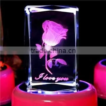 Rotary 3d laser engraved rose Crystal LED light Base For wedding decoration/wedding gift