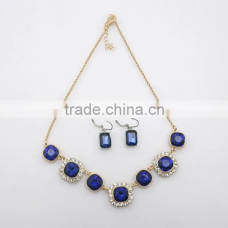 Wholesale gold chin resin jewelry fashion rhinestone blue ruby necklace set for party