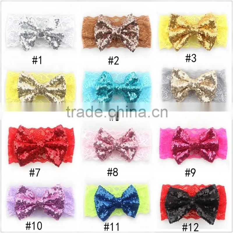 Sequin bowkont lace headwraps - fabric knitted bow elastic headband-flashing bow headbands