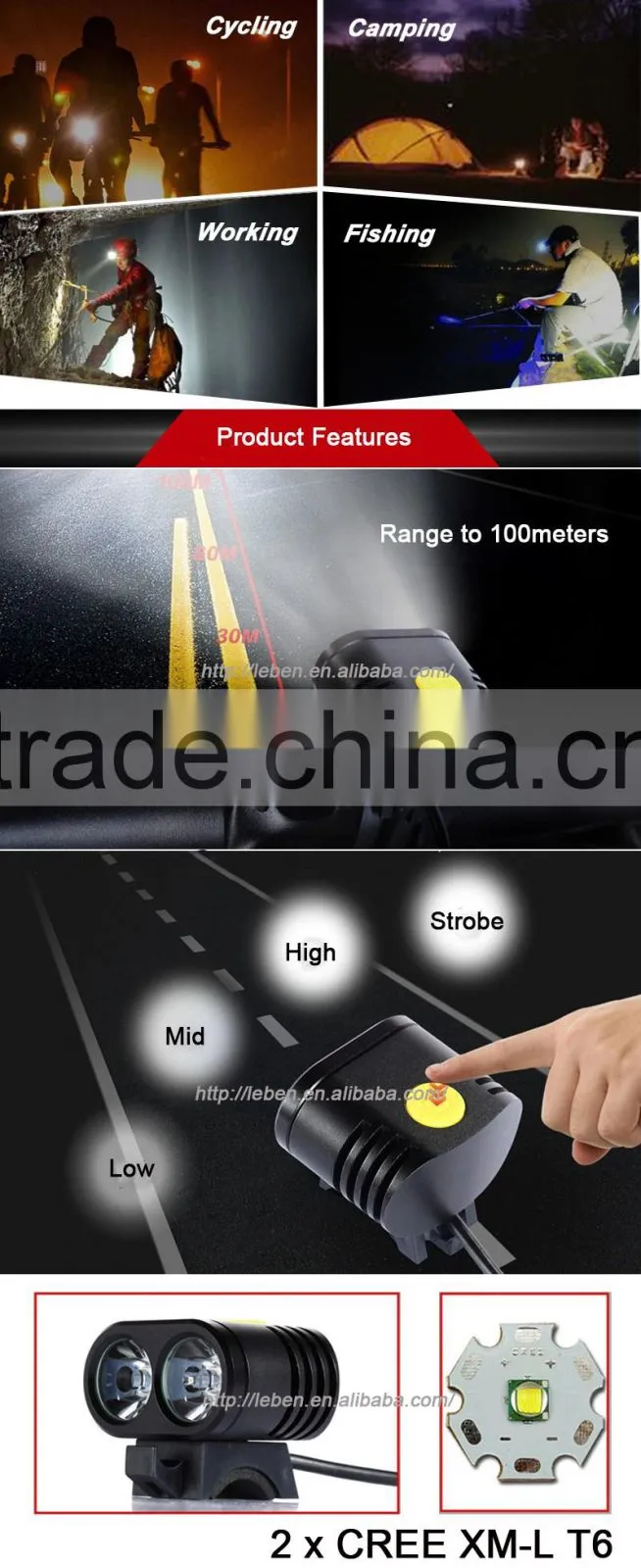 New Design 2 x Cree XM-L T6 LED outdoor riding bike mountain bicycle light