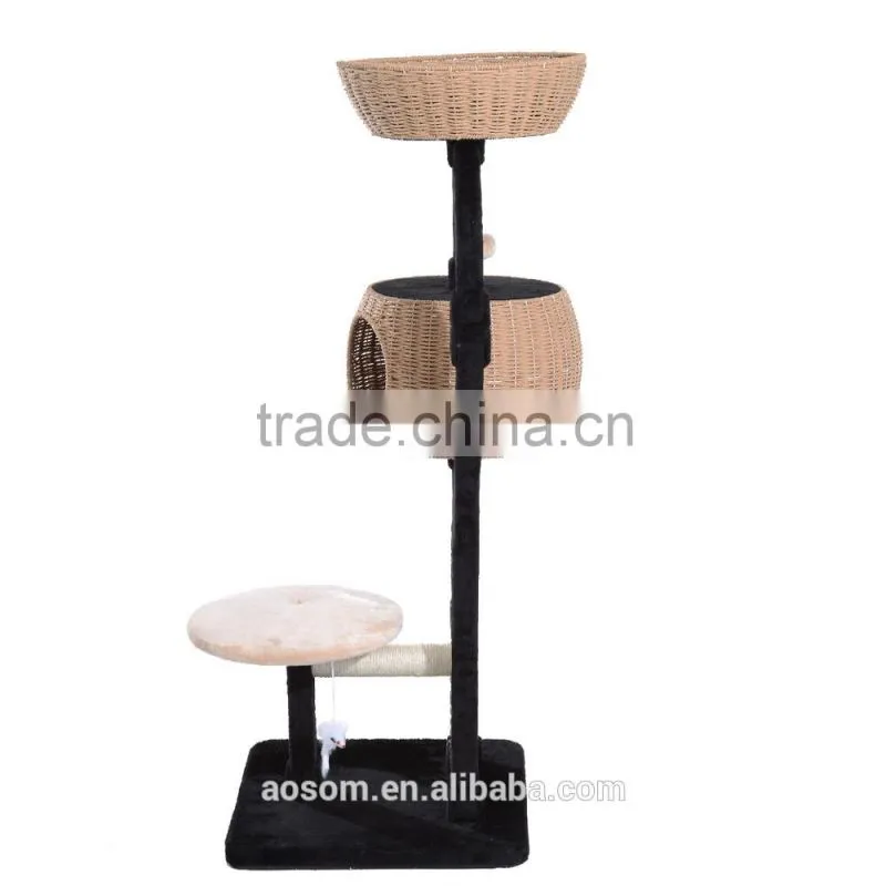 Pawhut 50" Cat Tree Tower with Woven Condo - Black/Beige