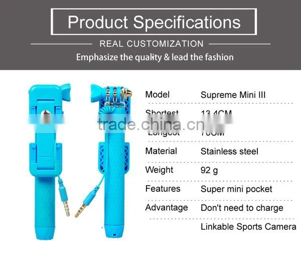 2015 Wholesale Supreme Mini Foldable Cable Selfie Stick Wired Selfie Stick,Monopod Selfie-stick