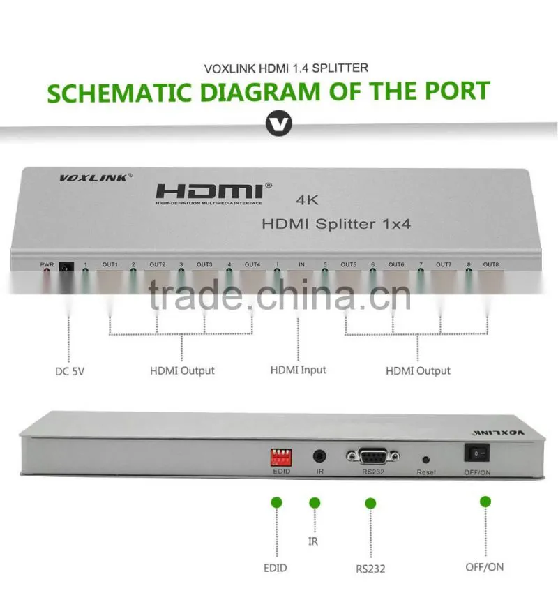 VOXLINK 1x8 HDMI splitter 4K(HDMI 1.4,HDCP1.4 ,4K,IR extension, EDID management, RS232) EU/US/UK/AU