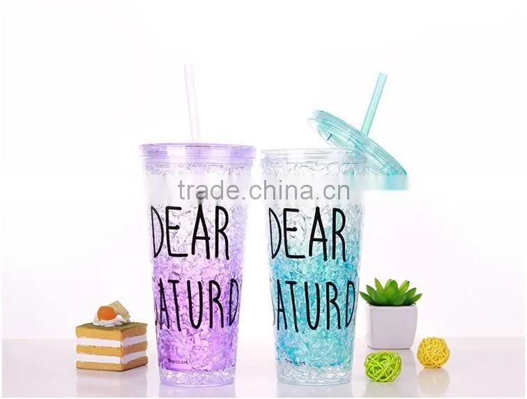 beautiful double wall plastic drinking mug with straw summer ice cup