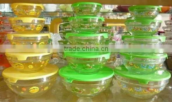color printing 5pcs glass bowl set with plastic lid
