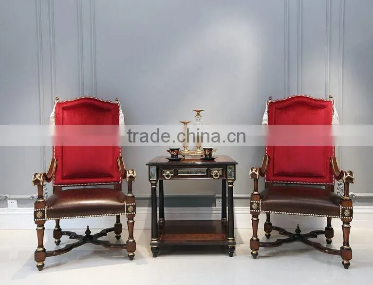 Classic Imperial European Style Ruby Red Solid Wood Armchair, Handmade Vintage Designed Kingchair with Coffee Table BF12-05254a
