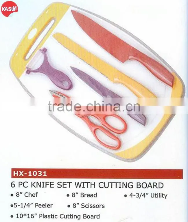 HX-1038 new products kitchen accessories plastic chopping board with 6pcs kitchen knife