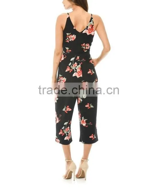 Modern Style Women Clothing Wholesale Custom Made Cheap Black Floral Summer Beach Sexy Backless Jumpsuits Made In China