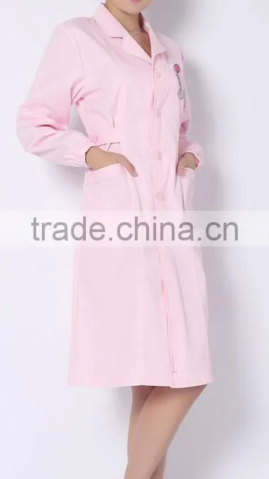 cutomized pink 100%cotton nurse uniform long sleeve overcoat