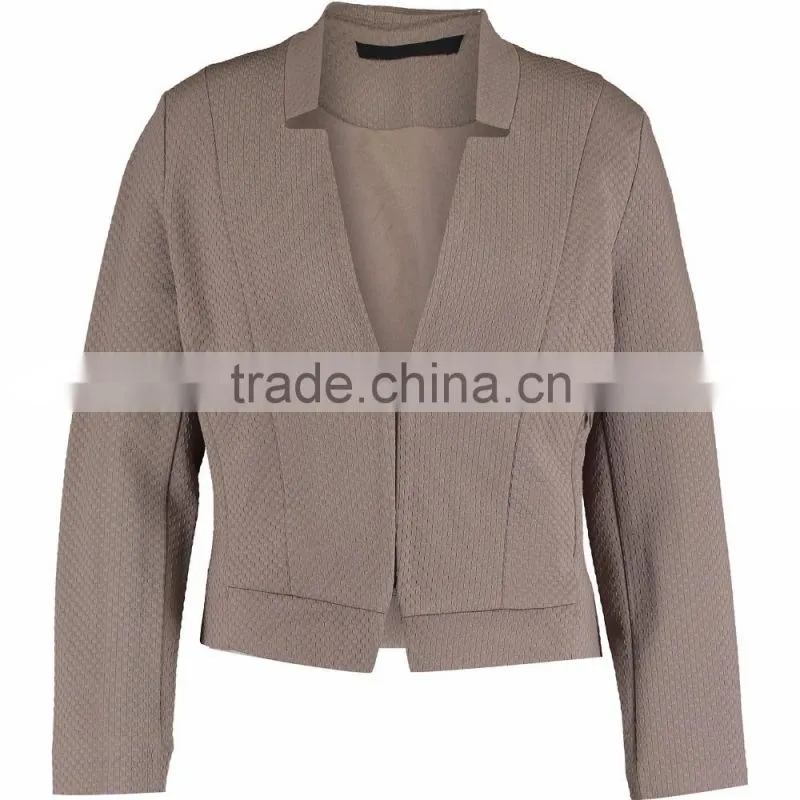 2017 Fashion Cropped Tops Zip Pocket Smoky Taupe Embossed Blazer for Ladies