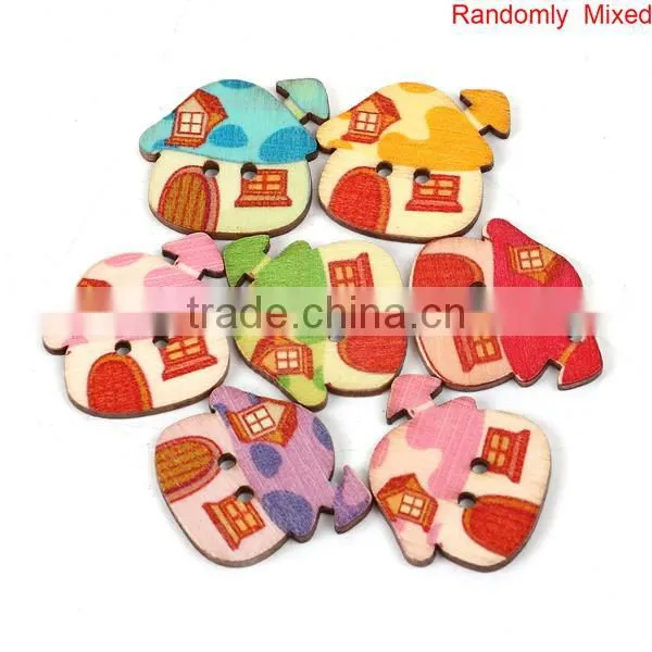 Wood Sewing Buttons Scrapbooking 2 Holes House At Random Mushroom Pattern