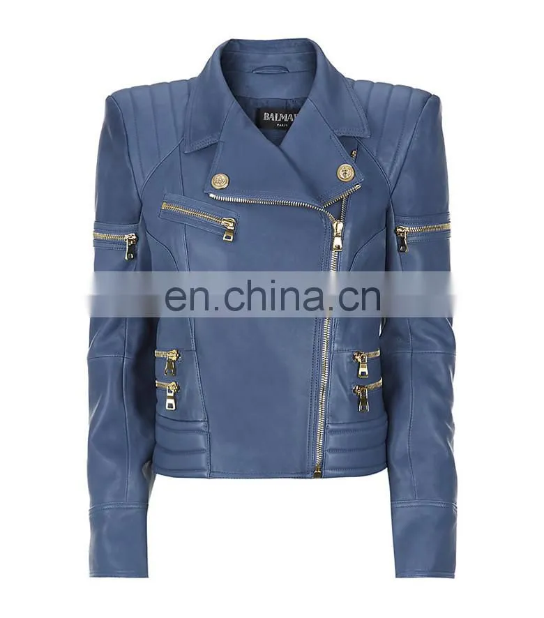 Fashion woman leather jacket with zippers (NTF05003)