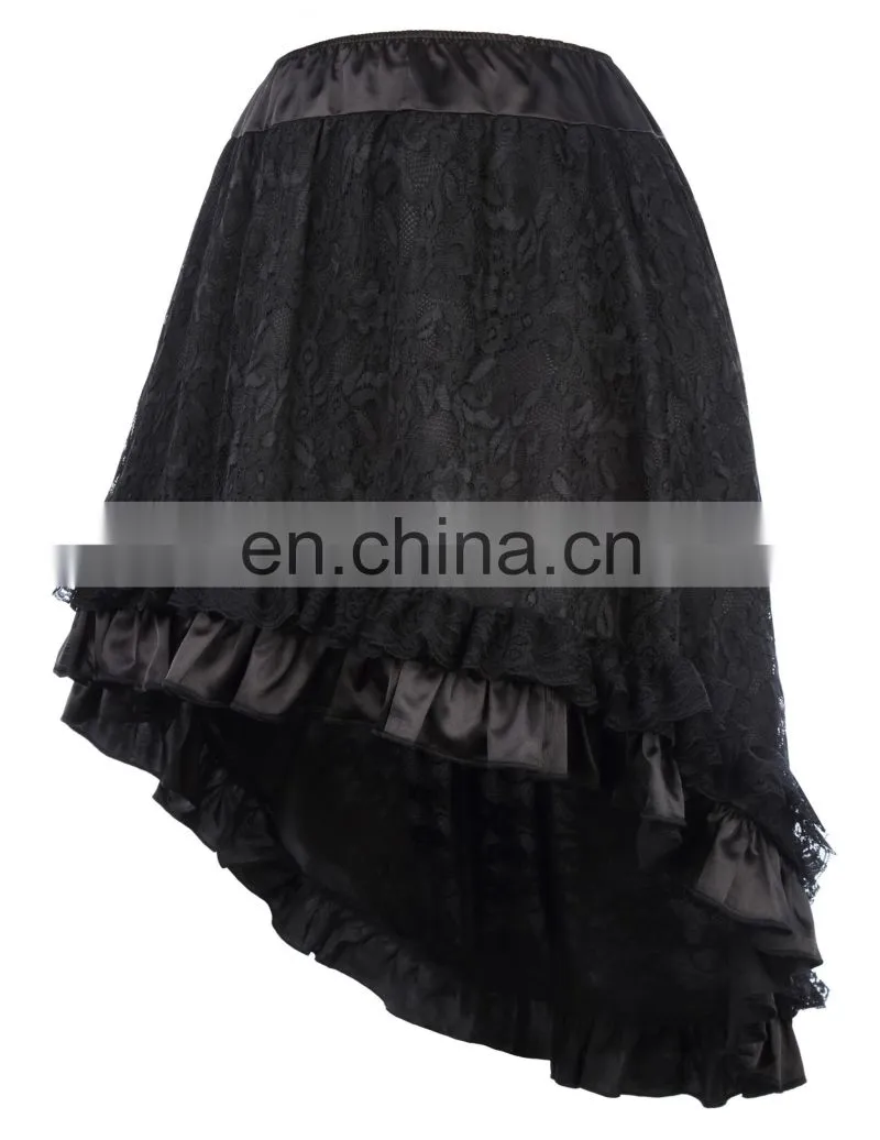 Belle Poque Vintage Retro Lace Satin Elastic Waist Asymmetrical High-Low Black Skirt BP000329-1
