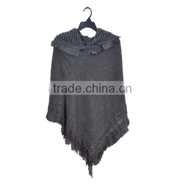 2015 women fashion warm fur hooded crochet knit poncho sweater with collar