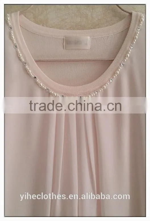 Sweet pink chiffon knitting wear short sleeve chiffon girl t-shirt