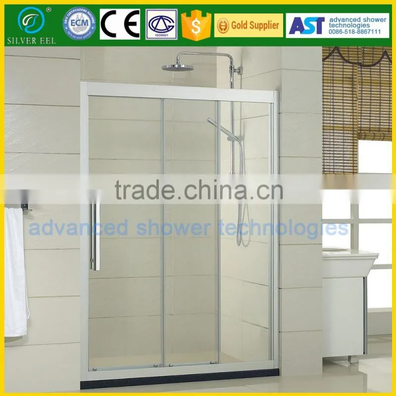 Triple linkage moving glass shower enclosure utility for bathroom