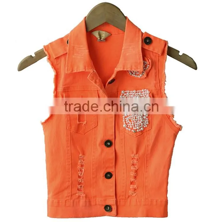 Made in China Latest fashion designs woven sleeveless beaded lemon and orange color ladies jacket for women