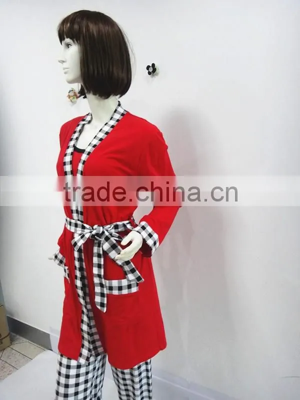 Red classic grid three-piece binding pajamas woman
