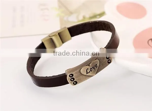 Alloy cowhide bracelet love heart metal plate couple magnetic leather bracelet
