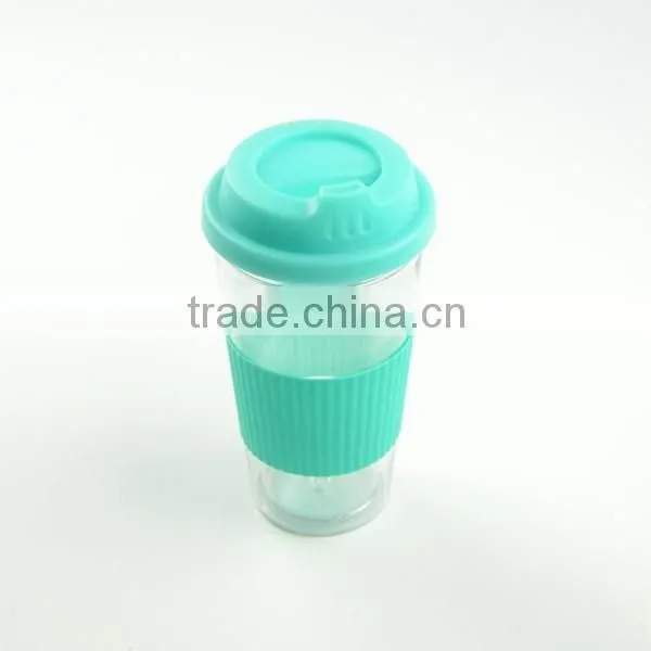 Double Wall PP Plastic Coffee Travel Mug With Silicon Band