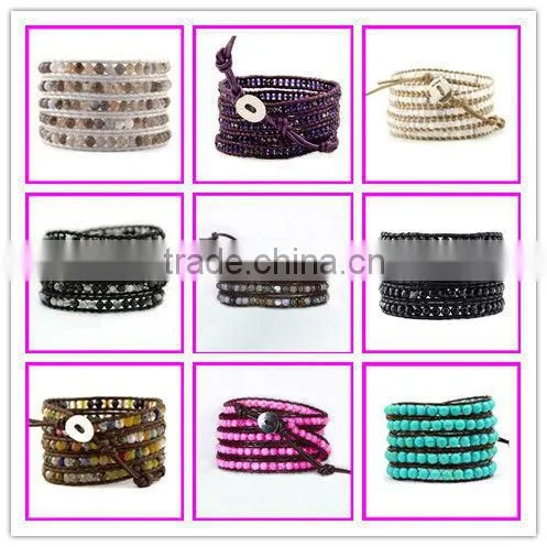 GZKJL-BL0176 Hot Sale Beaded Leather Bracelet, Natural Stone 5 Wrap Bangle