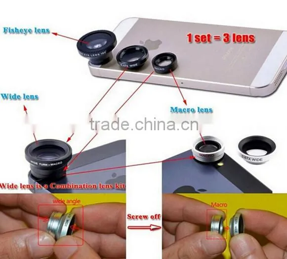 Universal 3 in1 fisheye wide-angle lens for iphone 5 6 fish eye lens for samsung phone