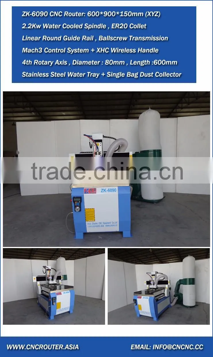 4 Axis Small Metal Engraving Machine CNC 6090 With 2.2Kw Spindle Stainless Steel Water Slot Dust Collector ZK-6090 CE Approval